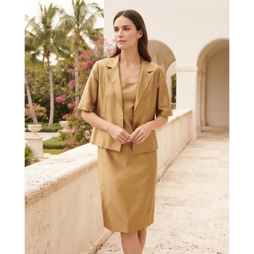 Max Mara Pura Seta Gold 100% Silk Dress and Jacket Set Made in Italy Size 2